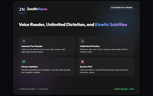 ZenithNexus - PDF Text to Speech (TTS) & Dictation (STT) :: Read PDFs aloud (TTS) and dictate text with smart voice formatting (STT) 100% locally. The ultimate accessibility Chrome tool.