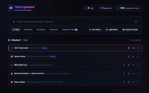 TabOrganized :: A gorgeous, minimalist dashboard to list, search, and organize tabs across all windows with keyboard-first shortcuts.