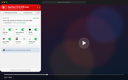 EasyTube V5 & DVR-chan – YouTube Ad Skip + Force DVR (MV3) :: Chặn quảng cáo YouTube, SponsorBlock, ép 4K, buộc DVR/tua lại livestream. Port MV3 từ EasyTube V5 & DVR-chan.