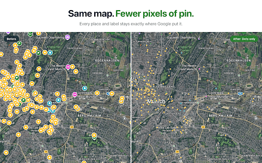 Clean Google Maps :: Shrink Google Maps pins, or turn them into small coloured dots. Your places and labels all stay exactly where they are.