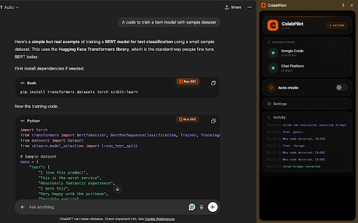 ColabPilot :: Bridge LLM chat UIs with Google Colab GPU execution. Run code blocks from ChatGPT, Claude, and Gemini directly in Colab.