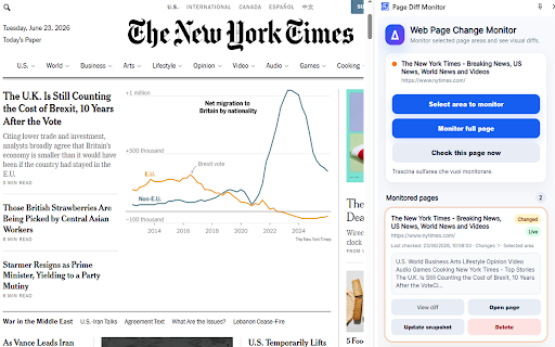 Web Page Change Monitor & Visual Diff :: Monitor selected parts of web pages, get change alerts, and compare updates with a visual text diff. Snapshots stay local.