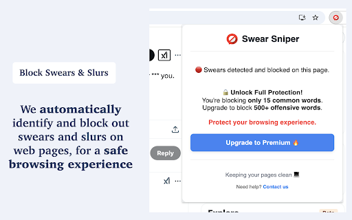 Swear Sniper - Clean Browsing :: Blocks swears on web pages. Free version blocks 15 words. Upgrade for 500+ words.