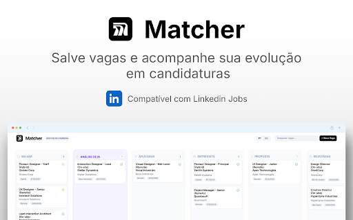 Matcher :: Capture vagas do LinkedIn e gerencie seu pipeline em um quadro Kanban direto no seu painel do Matcher.