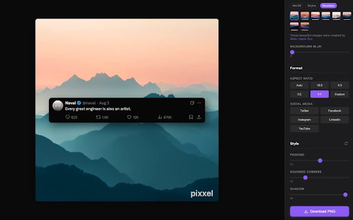 pixxel - browser screenshots :: Style your screenshots with rounded corners, shadows, and custom backgrounds in seconds.