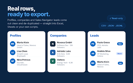 LinkedIn Scraper: Export Profiles, Jobs, Posts & Sales Navigator to Excel :: LinkedIn profile scraper and Sales Navigator scraper. Export profiles, jobs, posts, companies to Excel or CSV · by Mastros