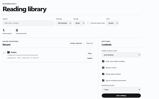 ResumeScroll - Scroll Position Saver :: Automatically save and restore your scroll position on any website. Resume articles, docs, papers, and research where you left off.
