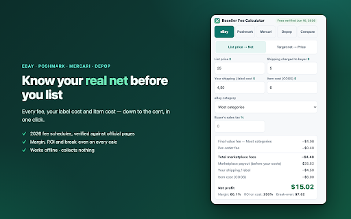 eBay, Poshmark, Mercari, Depop Fee Calculator :: Reseller fee & profit calculator for eBay, Poshmark, Mercari & Depop. See your real net — or price backward from target profit.