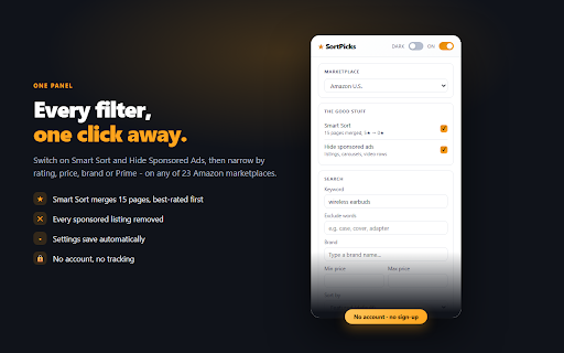 SortPicks - Sort Amazon Search by Rating, Hide Ads :: Sort Amazon search results by rating and reviews, hide sponsored ads, filter by price, brand, Prime. Not affiliated with Amazon.