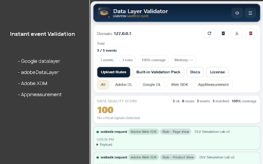 Data Layer Validator :: Validate Google dataLayer, Adobe Data Layer, Adobe Web SDK and AppMeasurement events directly in your browser.