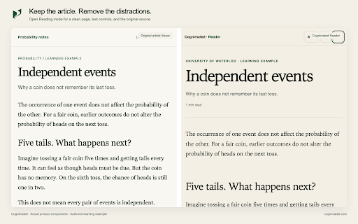 Cognimated :: Read with fewer distractions, explain selected text, save articles, and revisit useful ideas through practice.
