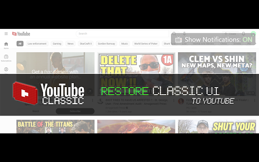 YouTube Classic :: Reverts YouTube to its classic design (before all the rounded corners) + redirects YouTube Shorts + blocks thumbnail ads.
