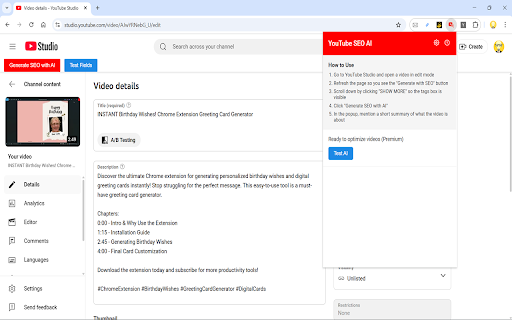 YouTube SEO AI Optimizer :: AI-powered SEO optimization for YouTube videos immediately after upload