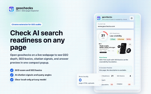 geochecks GEO SEO AI Search Checker :: geochecks audits GEO, SEO, AI Search visibility, citation signals, schema, and page readability on the current webpage.