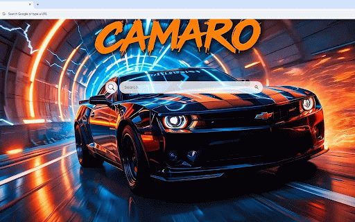 Chevrolet Camaro Live Wallpaper :: Chevrolet Camaro racing through neon tunnel with speed blur and orange lighting effects.