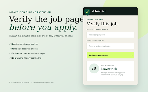 JobVerifier :: Analyze the current job page for explainable scam-risk signals only when you choose to run a check.