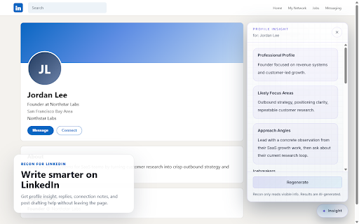 Recon - LinkedIn AI Writing Assistant :: Profile insights, replies, connection notes, and post drafting for LinkedIn. User-triggered only. No auto-send or automation.