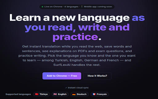 SurfLexAI - AI-Powered Translation & Language Learning Assistant :: Double-click any English word to translate and save it. Review with flashcards, quizzes, and writing practice.