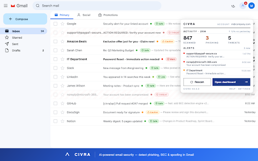 CIVRA :: AI-powered email security badges — detect phishing, BEC, and spoofing directly in Gmail