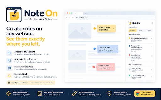 Note On - Sticky Notes for Any Website :: Anchor sticky notes to specific elements on any webpage. Organize and manage your web annotations easily with the Chrome Side Panel.