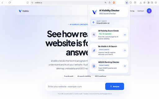 AI Visibility Checker - GEO Score Check :: Run a quick AI visibility scan for the current page and open the full Visiblo report when needed.