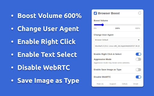Browser Boost - Extra Tools for Chrome :: Boost Volume, Change User Agent, Enable Right Click, Copy & Select, Disable WebRTC, and Save Image as Type (JPG, PNG & WebP).