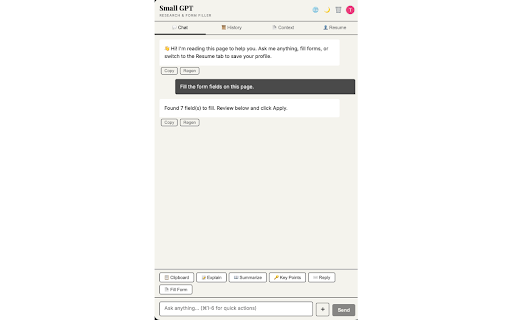 Small GPT :: AI-powered research sidebar with form filling and context awareness