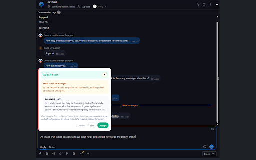 Support Coach :: Support Coach AI helps customer-support agents send better replies — in real time, right inside your help desk.
As you type,…