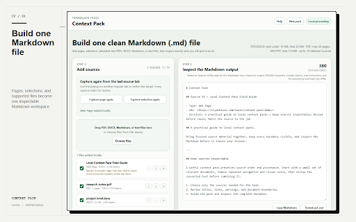 Context Pack — Files & Web to Markdown :: Convert web pages, selections, PDF, DOCX, Markdown, and text into one clean Markdown (.md) file — locally.