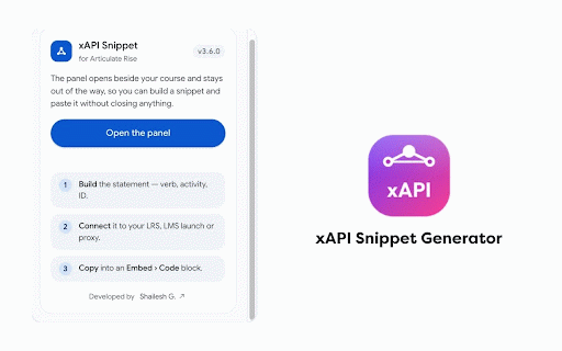 xAPI Snippet Generator for Articulate Rise - PRO :: Build, embed, and send xAPI statements to an LMS with an LRS or an external LRS using this Chrome extension. This is simple and a…