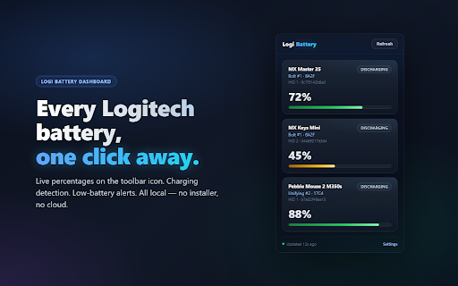 Logi Battery Dashboard :: Live battery levels for Logitech wireless mice & keyboards. Charging indicator, low-battery alerts, fully local.