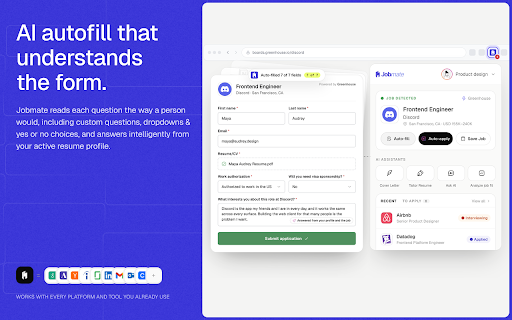 Jobmate: AI Job Search, Autofill & Auto-Apply :: The AI agent that job hunts with you: find jobs, auto-apply, autofill forms, reach hiring managers, build AI resumes, track it all.