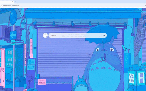 My Neighbor Totoro Aesthetic Live Wallpaper :: Totoro and friends in dreamy blue-toned Japanese street scene with vending machines and umbrellas.