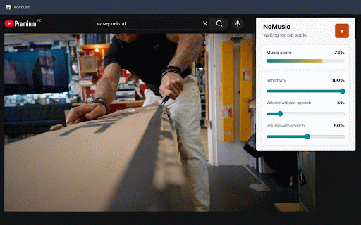 NoMusic :: Detects music-like audio in the active tab and lowers the tab volume.