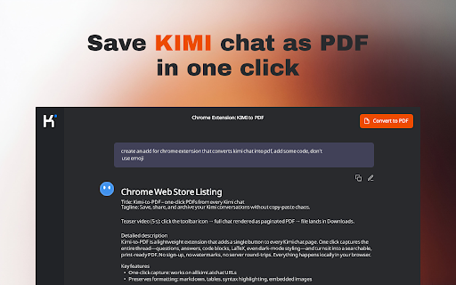 Kimi To PDF :: Download Kimi Chats to PDF - a simple tool that converts your Kimi chats into a PDF format. It's a quick and easy way to save your…