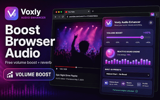 Voxly Audio Enhancer Pro :: Boost browser volume and reverb for free. Pro unlocks EQ, bass, stereo 3D, cinema FX, voice gate and saved presets.