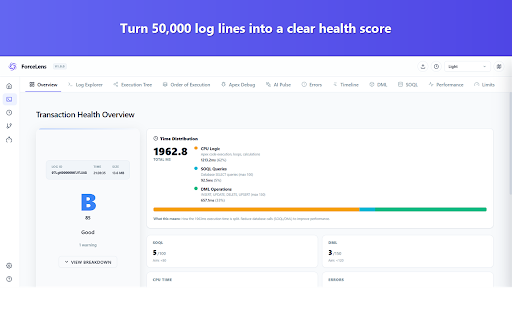 ForceLens — Salesforce Log & Flow Intelligence :: Turn Salesforce Apex logs & Flows into clarity — DML, SOQL, governor limits, errors, timelines, and AI insights in one click.