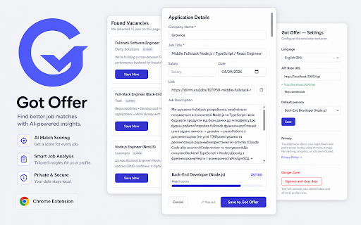 Got Offer — Job Tracker :: Save jobs from DOU, Djinni, LinkedIn and more to your Got Offer dashboard with one click. AI-powered CV match insights included.