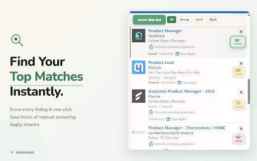 JobInstant - Resume Match Score & ATS Keyword Checker for Job Boards :: Resume match score & missing ATS keywords on every LinkedIn or Indeed job. Tailor your resume in one click. No account.