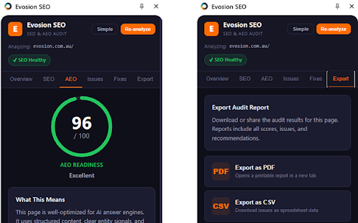 Evosion SEO :: Audit any page for SEO issues, AI answer-engine readiness, and get prioritized fixes with plain-English explanations.