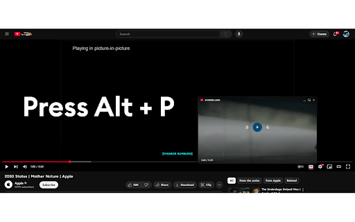 PiP Button :: Toggle Picture-in-Picture for any video. Set your shortcut in chrome://extensions/shortcuts (e.g., Alt+P) after installing.