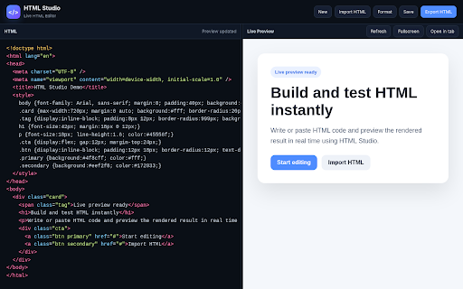 HTML Studio - Live Editor :: Professional HTML editor with instant live preview, local autosave and import/export.
