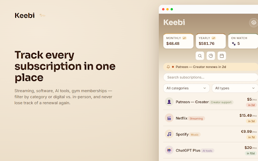 Keebi — Subscription Tracker :: Private subscription tracker — renewal reminders, calendar view, and monthly/yearly spending totals, all on your device. 🐾