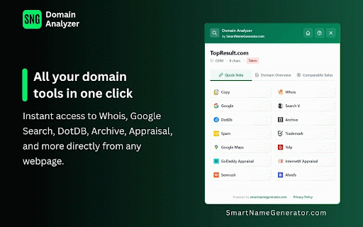 SNG - Domain Analyzer :: Right-click any domain to instantly open a modern UI with links to domainer tools. Powered by Smart Name Generator.