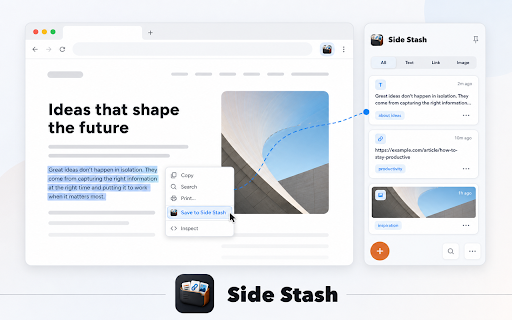 Side Stash :: Save text, links, and images to a private side panel. Search, filter, and copy — all stored locally.