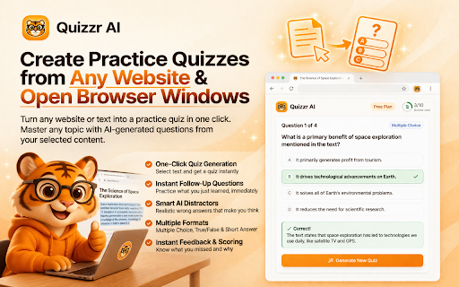 Quizzr AI: Create Practice Quizzes from Any Website & Open Browser Windows :: Turn any open website or text into a practice quiz in one click with AI-generated questions from your selected content.
