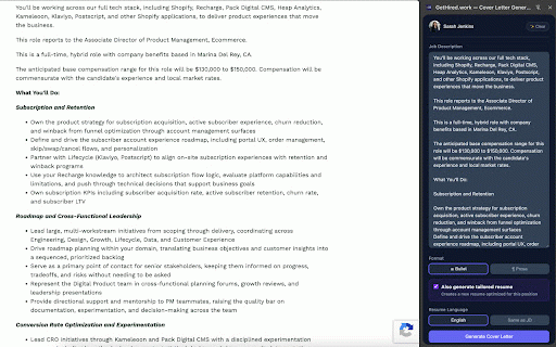 GetHired.work — Cover Letter Generator :: Generate AI cover letters from any job listing. Sidebar panel for GetHired.work.