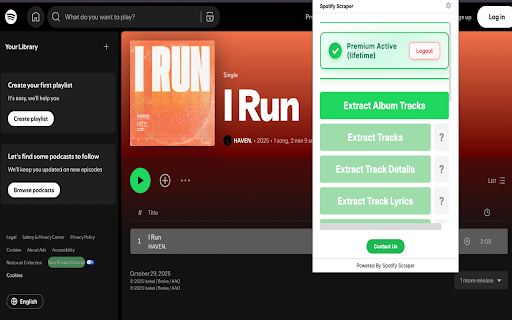 Spotify Scraper - Export Playlists & More :: Export Spotify playlists, tracks, albums & lyrics without login. Save to CSV, Excel, JSON & more formats.