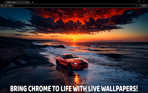 Mustang On The Beach – Evening Landscape Live Wallpaper :: A sleek Mustang parked by the sunset-lit beach, where calm waves meet muscle power. 🌅🏎️🌊