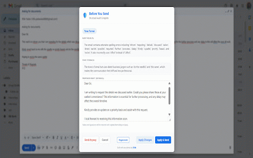 Before You Send – Gmail Safety Check :: Instantly audit Gmail drafts for grammar and professional tone before they are sent.